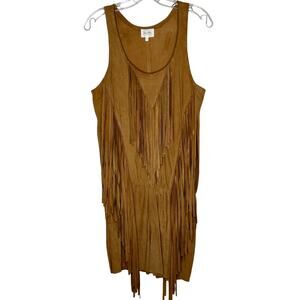 Belair Calvi Camel-Tan Goat Suede Sleeveless Fringed Scoop Neck Mini Dress T2